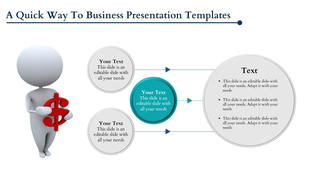 Business slide with a 3D figure holding a red dollar sign and three circular text boxes connected to a large circle. 