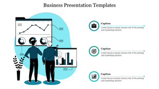 Two people analyzing charts on screens on the left, with three captions and icons aligned vertically on the right.