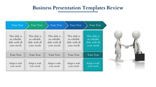 Business presentation slide layout with text boxes and icons, featuring figures shaking hands.