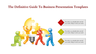 Business teamwork concept with colorful figures joining puzzle pieces and three numbered text boxes on the side.