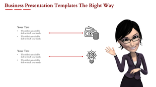 Business template showing text placeholders with money and idea icons, alongside a waving cartoon woman in a suit.