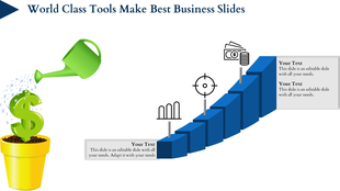 Illustration of business growth with a dollar plant being watered, blue upward steps, and target, graph, and money icons.