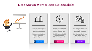 Business slide with a cartoon character presenting a graph and three labeled panels featuring icons and text.