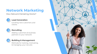 PowerPoint slide explaining network marketing with lead generation, recruiting, and building management steps.