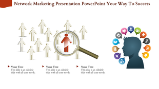 Network marketing concept showing a magnified red figure amid a group, next to a profile silhouette with media icons.