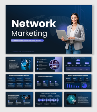 network marketing template with connection visuals, growth charts, modern icons, and business layouts.
