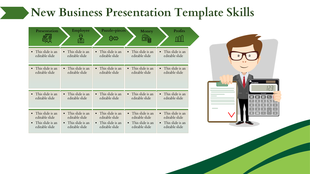 Business table with five categories, editable text, and a cartoon businessman holding a clipboard and calculator.