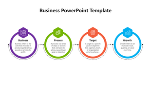 Slide featuring a flowchart with icons for business, process, target, and growth in a business template.