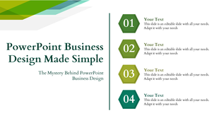 Green themed layout with four hexagonal numbered icons on the right and a title with text on the left.