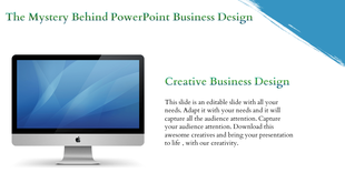 Creative business PowerPoint design featuring an iMac computer with a blue screen and placeholder text.