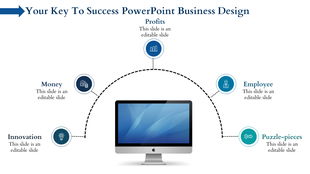Business success slide design with icons from innovation to puzzle pieces, connected by dotted lines with placeholder text.