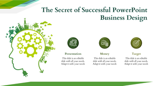 Green themed slide with a silhouette head filled with gears and cityscape elements and three icons with text on the right.