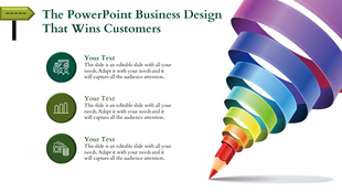 Colorful PowerPoint business design featuring a pencil surrounded by concentric rings, with icons and placeholder text.