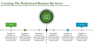 Business timeline slide with central growth chart icon, past and future markers, and caption areas.