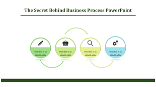 Four-step circular business process flowchart with icons of tools, work, search, and gears connected by arrows.