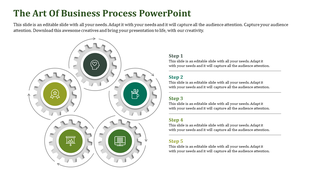 Business process PowerPoint slide with five steps, each represented by a gear icon and a different symbol.