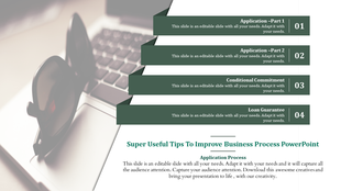 Business process slide with steps from application to loan guarantee, featuring a laptop and sunglasses in the background.