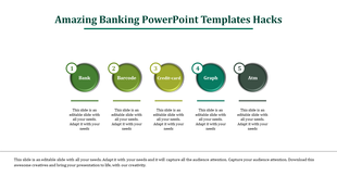 Creative slide showcasing five banking related icons with descriptions, including bank, barcode, credit card, graph, and ATM.