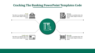 Banking template featuring a central icon linked to four surrounding icons illustrating key banking concepts.