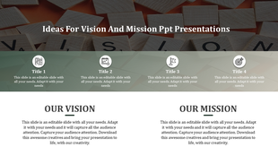 Slide with four circular icons in green overlay, followed by vision and mission sections in white background.