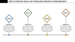 Minimalist timeline design featuring years 2016 to 2019, with vertical lines and diamond markers above captions.