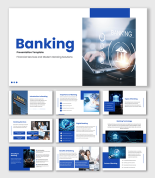 Banking PowerPoint Templates with laptop digital banking interface image, blue geometric shapes and white layout.