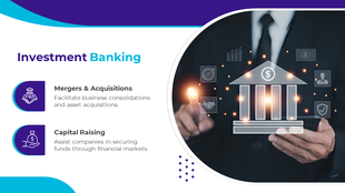 Slide showcasing investment banking topics with purple and blue accents and glowing financial symbols on a dark background.