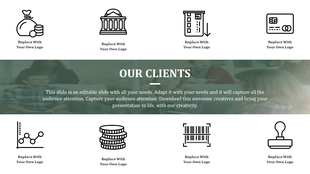 Investment banking presentation template with icons for logos, charts, and financial symbols with placeholder text.