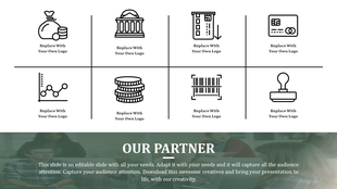 Investment banking slide showcasing partner logos with icons for financial data, banking, and assets with placeholder text.