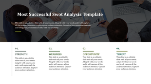 SWOT analysis slide with a blurred meeting background and four numbered captions on a white bottom area.