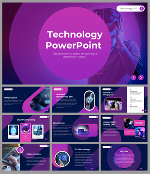 Technology slide deck featuring AI, IoT, blockchain, augmented reality, cybersecurity, and big data concepts.