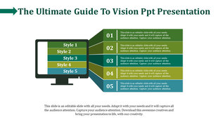 Vison slide showcasing five styles with content, displayed on a computer screen against a green background.