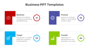 Business PowerPoint slide featuring icons for business, process, target, and growth with brief descriptions.