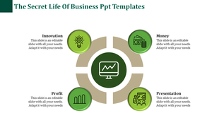 Business PPT slide with icons for innovation, money, profit, and presentation, all centered around a computer screen.