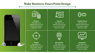 Business design slide with icons representing money, search, puzzle pieces, target, innovation, and computer on green theme.