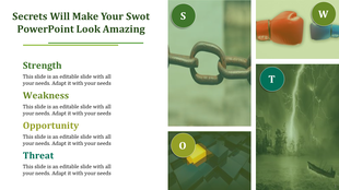 SWOT analysis slide with four sections paired with images of a chain, boxing gloves, a lightning storm, and a cube.