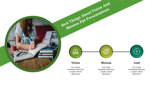 Vision and mission slide featuring a green banner with circular image, and three icons aligned horizontally with captions.