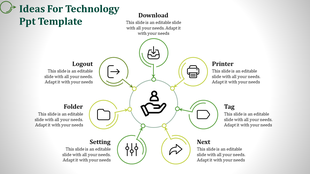 A visual design template for technology presentation, featuring sections and icons for various tech related functions.