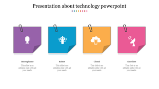 Row of colorful square cards in purple, blue, orange, and pink, with paperclips on top, each featuring a tech icon.