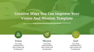 Green gradient slide with a blurred person writing in the background with three circular icons with text below.