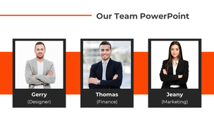 Slide with a white background featuring orange stripe, and three framed team member photos with names and roles.