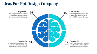 Blue and teal circular brain diagram split into four sections with numbered captions around it for company ideas.