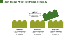 Creative PowerPoint design company template with green building blocks and captions.