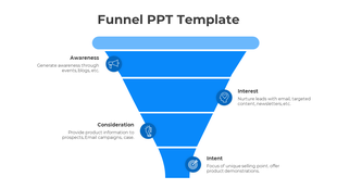 Blue funnel diagram illustrating four stages from Awareness to Interest with text and icons for each step.