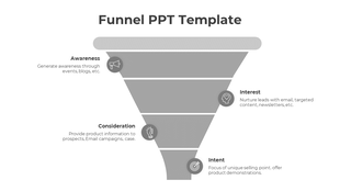Vertical funnel diagram in gray tones with progressive stages from awareness to intent, featuring icons and descriptions.