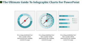 Teal themed slide with a speedometer, circular gauge, and horizontal bar chart for showcasing different infographic styles.