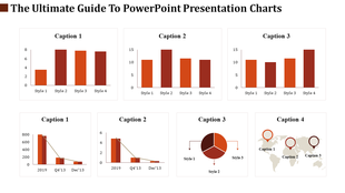 Infographic template with bar, pie, and world map charts for PowerPoint presentations in shades of red and orange.