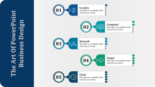 Five step business design template with numbered circles and icons for idea, tech, network, target, and clock.
