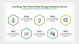Cracking the PowerPoint design business secret slide showcasing a timeline from 2017 to 2021 with hexagonal icons.