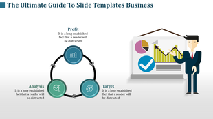 Business-themed slide showing a circular diagram with profit, analysis, and target icons and a presenter pointing at a chart.
